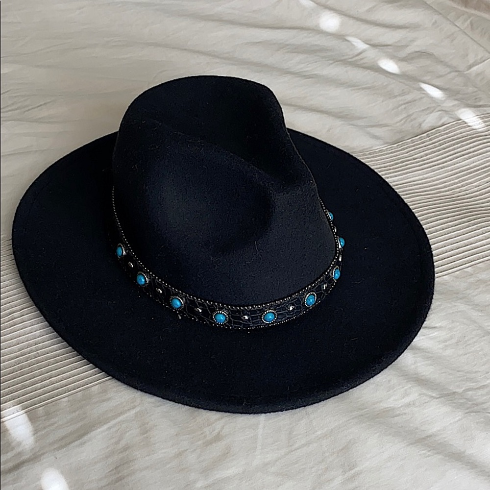 NWT Black Brimmed Hat with Turquoise Accents